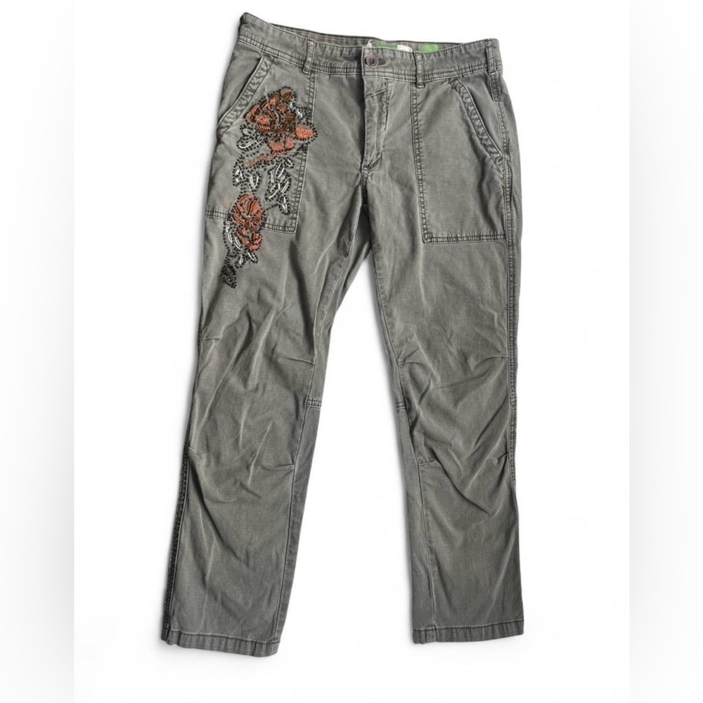 Anthropologie The Wanderer Embroidered Moss Green Beaded Floral Pants, Size 27"